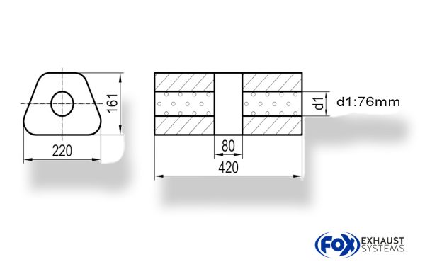 Uni-Schalldämpfer trapez ohne Stutzen mit Kammer - Abw. 644 220x161mm, d1Ø 76mm, Länge: 420mm