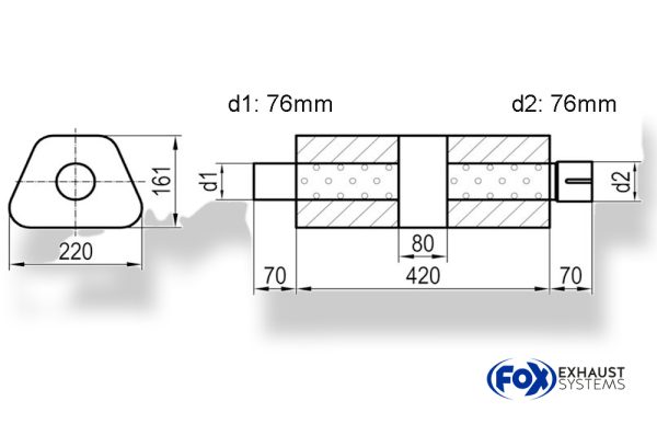 Uni-Schalldämpfer trapez mit Kammer + Stutzen - Abw. 644 220x161mm, d1Ø 76mm (außen), d2Ø 76mm (innen), Länge: 420mm