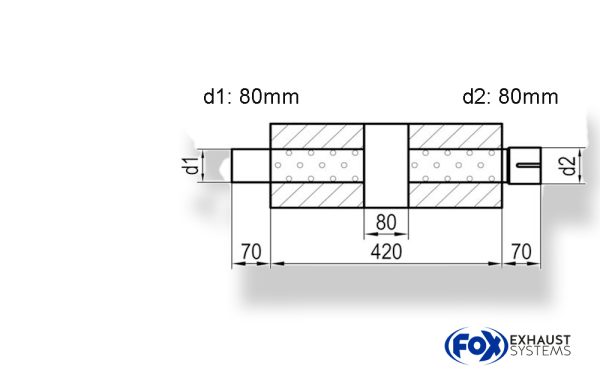 Uni-Schalldämpfer trapez mit Kammer + Stutzen - Abw. 644 220x161mm, d1Ø 80mm (außen), d2Ø 80mm (innen), Länge: 420mm