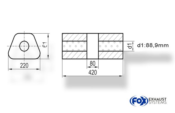 Uni-Schalldämpfer trapez ohne Stutzen mit Kammer - Abw. 644 220x161mm, d1Ø 88,9mm, Länge: 420mm