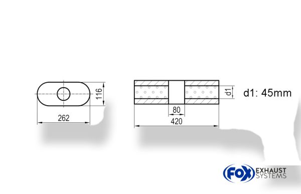 Uni-Schalldämpfer oval ohne Stutzen mit Kammer - Abw. 650 262x116mm, d1Ø 45mm, Länge: 420mm