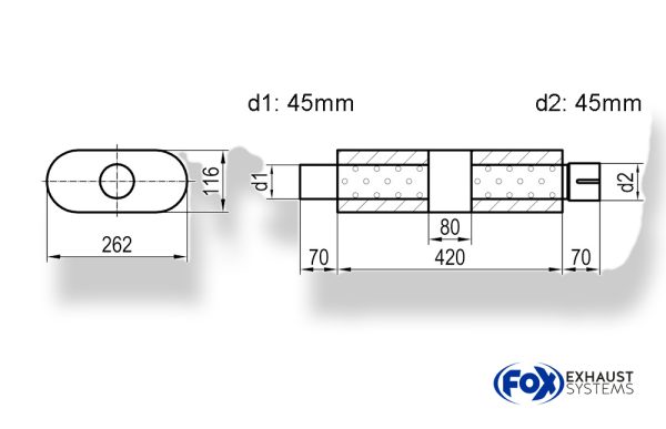 Uni-Schalldämpfer oval mit Kammer + Stutzen - Abw. 650 262x116mm, d1Ø 45mm (außen), d2Ø 45mm (innen), Länge: 420mm