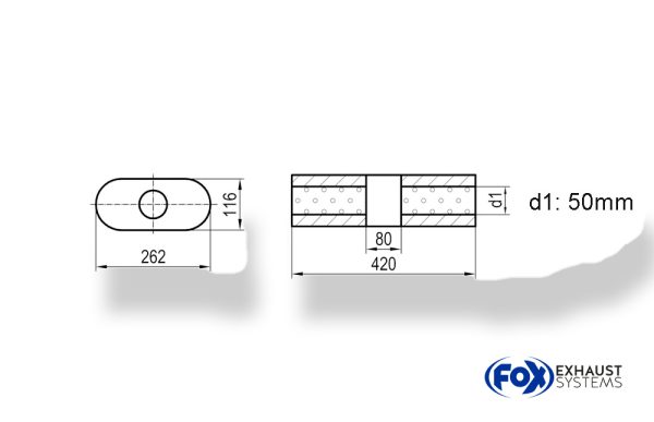 Uni-Schalldämpfer oval ohne Stutzen mit Kammer - Abw. 650 262x116mm, d1Ø 50mm, Länge: 420mm