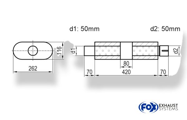 Uni-Schalldämpfer oval mit Kammer + Stutzen - Abw. 650 262x116mm, d1Ø 50mm (außen), d2Ø 50mm (innen), Länge: 420mm