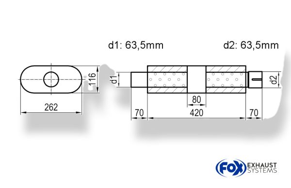 Uni-Schalldämpfer oval mit Kammer + Stutzen - Abw. 650 262x116mm, d1Ø 63,5mm (außen), d2Ø 63,5mm (innen), Länge: 420mm