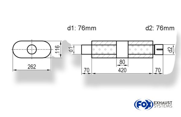 Uni-Schalldämpfer oval mit Kammer + Stutzen - Abw. 650 262x116mm, d1Ø 76mm (außen), d2Ø 76mm (innen), Länge: 420mm