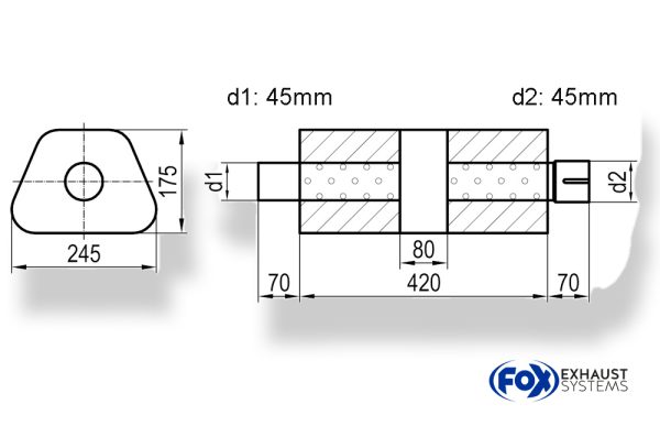 Uni-Schalldämpfer trapez mit Kammer + Stutzen - Abw. 711 245x175mm, d1Ø 45mm (außen), d2Ø 45mm (innen), Länge: 420mm