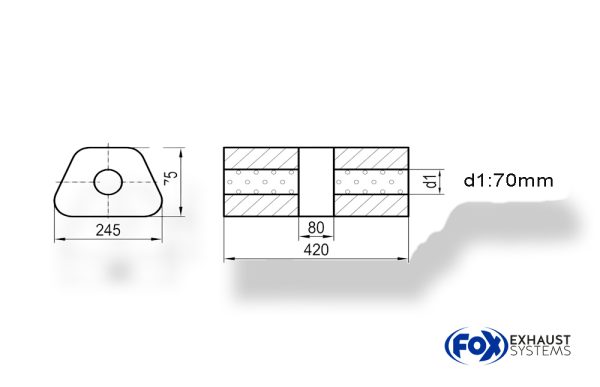 Uni-Schalldämpfer trapez ohne Stutzen mit Kammer - Abw. 711 245x175mm, d1Ø 70mm, Länge: 420mm