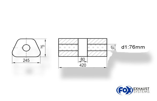 Uni-Schalldämpfer trapez ohne Stutzen mit Kammer - Abw. 711 245x175mm, d1Ø 76mm, Länge: 420mm