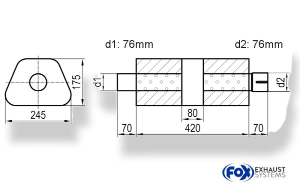 Uni-Schalldämpfer trapez mit Kammer + Stutzen - Abw. 711 245x175mm, d1Ø 76mm (außen), d2Ø 76mm (innen), Länge: 420mm