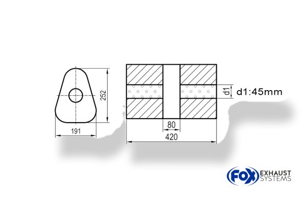 Uni-Schalldämpfer dreieck ohne Stutzen mit Kammer - Abw. 725 191x252mm, d1Ø 45mm, Länge: 420mm