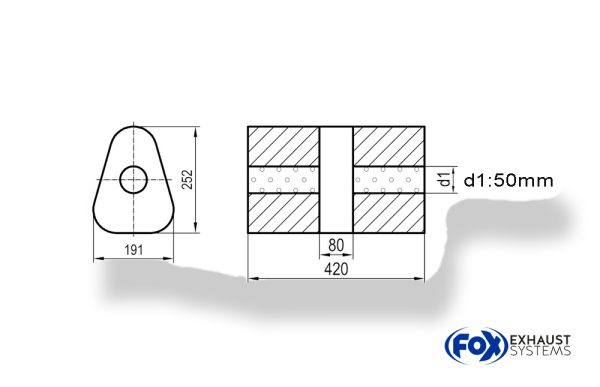 Uni-Schalldämpfer dreieck ohne Stutzen mit Kammer - Abw. 725 191x252mm, d1Ø 50mm, Länge: 420mm