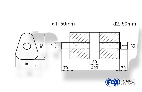 Uni-Schalldämpfer dreieck mit Kammer + Stutzen - Abw. 725 191x252mm, d1Ø 50mm (außen), d2Ø 50mm (innen), Länge: 420mm