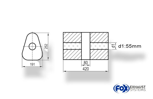 Uni-Schalldämpfer dreieck ohne Stutzen mit Kammer - Abw. 725 191x252mm, d1Ø 55mm, Länge: 420mm