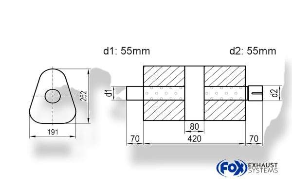 Uni-Schalldämpfer dreieck mit Kammer + Stutzen - Abw. 725 191x252mm, d1Ø 55mm (außen), d2Ø 55mm (innen), Länge: 420mm