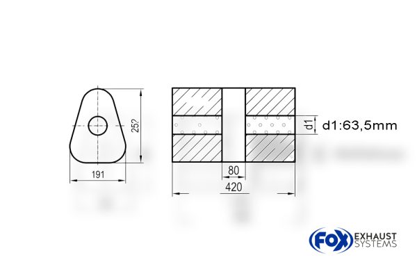 Uni-Schalldämpfer dreieck ohne Stutzen mit Kammer - Abw. 725 191x252mm, d1Ø 63,5mm, Länge: 420mm