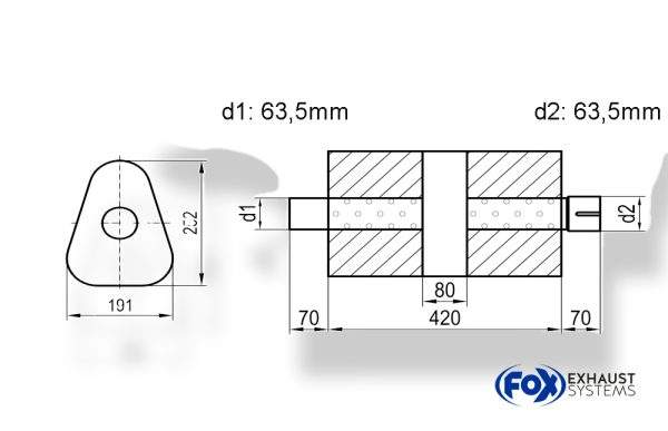 Uni-Schalldämpfer dreieck mit Kammer + Stutzen - Abw. 725 191x252mm, d1Ø 63,5mm (außen), d2Ø 63,5mm (innen), Länge: 420mm