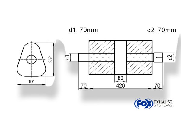 Uni-Schalldämpfer dreieck mit Kammer + Stutzen - Abw. 725 191x252mm, d1Ø 70mm (außen), d2Ø 70mm (innen), Länge: 420mm