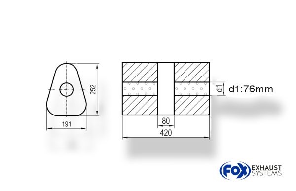 Uni-Schalldämpfer dreieck ohne Stutzen mit Kammer - Abw. 725 191x252mm, d1Ø 76mm, Länge: 420mm