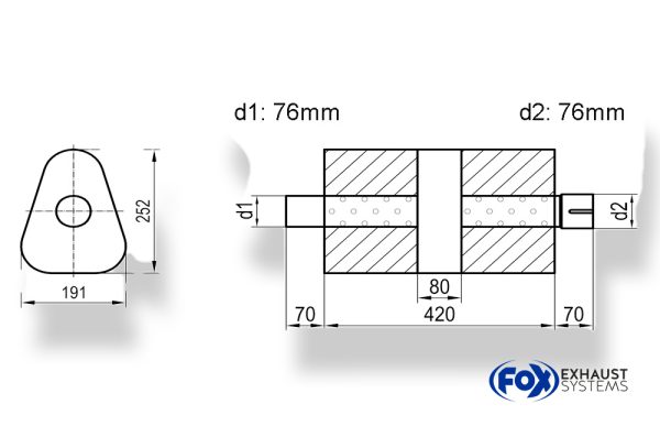 Uni-Schalldämpfer dreieck mit Kammer + Stutzen - Abw. 725 191x252mm, d1Ø 76mm (außen), d2Ø 76mm (innen), Länge: 420mm