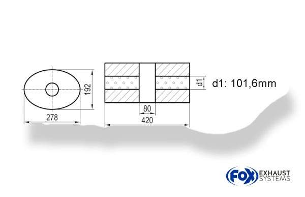 Uni-Schalldämpfer oval ohne Stutzen mit Kammer - Abw. 754 278x192mm, d1Ø 101,6mm, Länge: 420mm