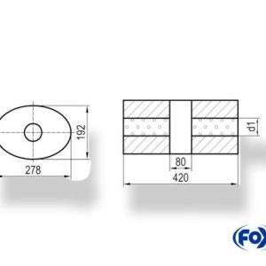 Uni-Schalldämpfer oval ohne Stutzen mit Kammer - Abw. 754 278x192mm, d1Ø 50mm, Länge: 420mm