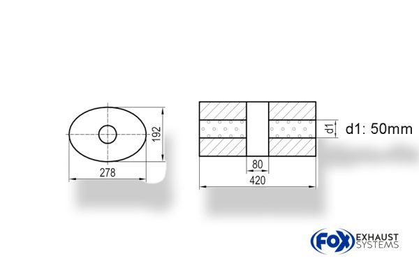 Uni-Schalldämpfer oval ohne Stutzen mit Kammer - Abw. 754 278x192mm, d1Ø 50mm, Länge: 420mm