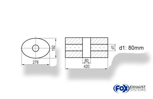 Uni-Schalldämpfer oval ohne Stutzen mit Kammer - Abw. 754 278x192mm, d1Ø 80mm, Länge: 420mm