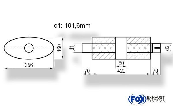 Uni-Schalldämpfer oval mit Kammer + Stutzen - Abw. 818 356x160mm, d1Ø 101,6mm (außen), d2Ø 101,6mm (innen), Länge: 420mm