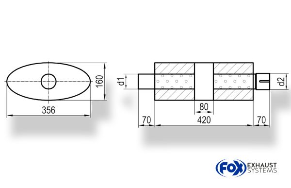 Uni-Schalldämpfer oval mit Kammer + Stutzen - Abw. 818 356x160mm, d1Ø 45mm (außen), d2Ø 45mm (innen), Länge: 420mm