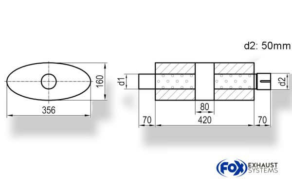 Uni-Schalldämpfer oval mit Kammer + Stutzen - Abw. 818 356x160mm, d1Ø 50mm (außen), d2Ø 50mm (innen), Länge: 420mm