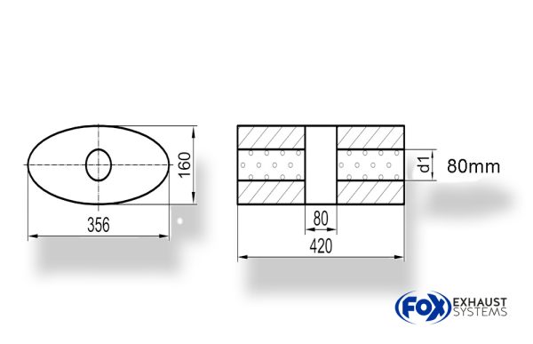 Uni-Schalldämpfer oval ohne Stutzen mit Kammer - Abw. 818 356x160mm, d1Ø 80mm, Länge: 420mm