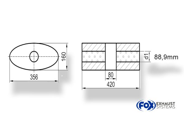 Uni-Schalldämpfer oval ohne Stutzen mit Kammer - Abw. 818 356x160mm, d1Ø 88,9mm, Länge: 420mm