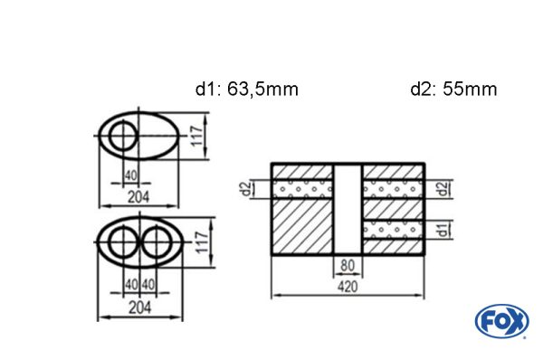 Uni-Schalldämpfer oval zweiflutig mit Kammer -Abwicklung 525 204x117mm, d1Ø 63,5mm  d2Ø 55mm, Länge: 420mm - Variante 1