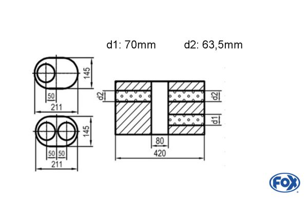 Uni-Schalldämpfer oval zweiflutig mit Kammer -Abwicklung 585 211x145mm, d1Ø 70mm  d2Ø 63,5mm, Länge: 420mm - Variante 1
