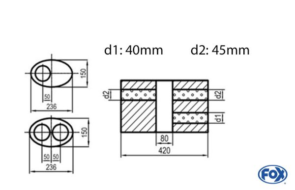 Uni-Schalldämpfer oval zweiflutig mit Kammer -Abwicklung 618 236x150mm, d1Ø 45mm  d2Ø 40mm, Länge: 420mm - Variante 1