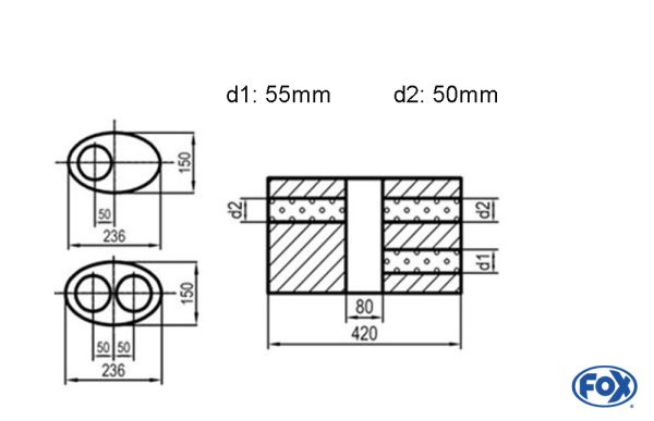 Uni-Schalldämpfer oval zweiflutig mit Kammer -Abwicklung 618 236x150mm, d1Ø 55mm  d2Ø 50mm, Länge: 420mm - Variante 1