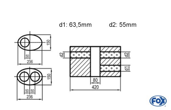 Uni-Schalldämpfer oval zweiflutig mit Kammer -Abwicklung 618 236x150mm, d1Ø 63,5mm  d2Ø 55mm, Länge: 420mm - Variante 1