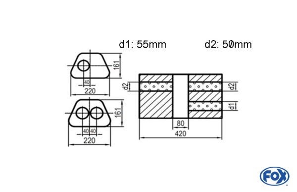 Uni-Schalldämpfer Trapezoid zweiflutig mit Kammer - Abw. 644 220x161mm, d1Ø 55mm  d2Ø 50mm, Länge: 420mm - Variante 1