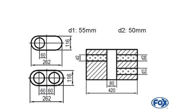 Uni-Schalldämpfer oval zweiflutig mit Kammer - Abw. 650 262x116mm, d1Ø 55mm d2Ø 50mm, Länge: 420mm - Variante 1