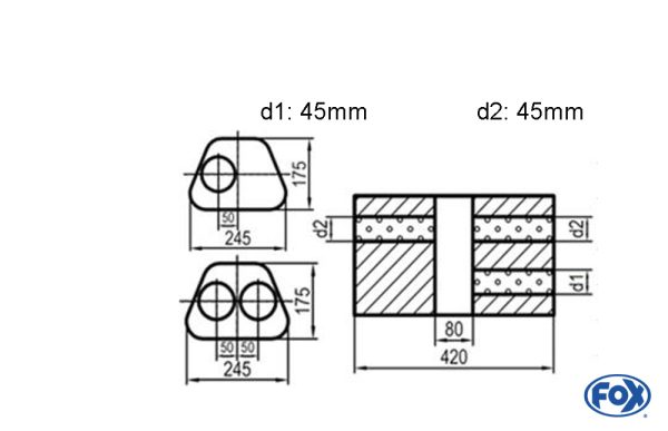 Uni-Schalldämpfer Trapezoid zweiflutig mit Kammer - Abw. 711 245x175mm, d1Ø 45mm  d2Ø 40mm, Länge: 420mm - Variante 1