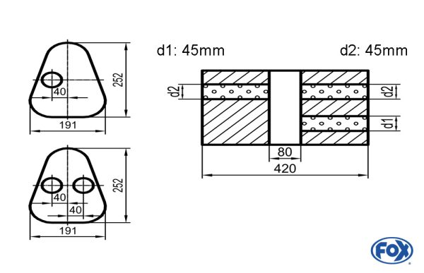 Uni-Schalldämpfer Dreieckig mit Kammer - Abwicklung 725 Variante 1 191x252mm, d1Ø 45mm außen / d2Ø 2x45mm außen - Länge: 420mm