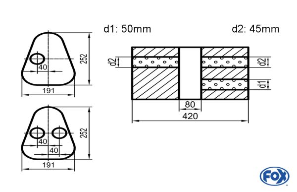 Uni-Schalldämpfer Dreieckig mit Kammer - Abwicklung 725 Variante 1 191x252mm, d1Ø 50mm außen / d2Ø 2x45mm außen - Länge: 420mm