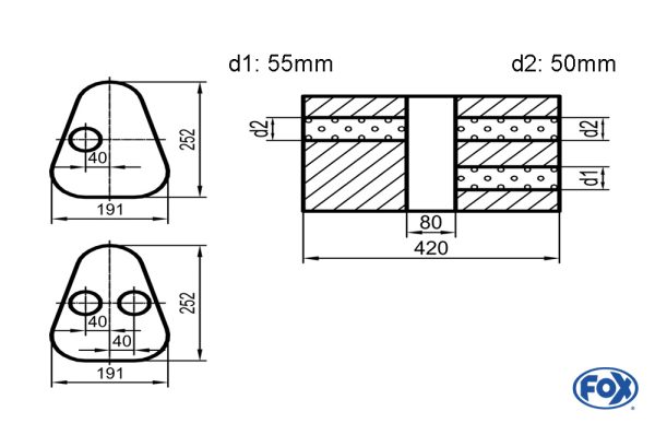 Uni-Schalldämpfer Dreieckig mit Kammer - Abwicklung 725 Variante 1 191x252mm, d1Ø 55mm außen / d2Ø 2x50mm außen - Länge: 420mm