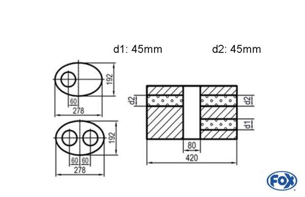 Uni-Schalldämpfer oval zweiflutig mit Kammer - Abw. 754 278x192mm, d1Ø 45mm d2Ø 40mm, Länge: 420mm - Variante 1