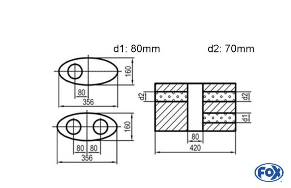 Uni-Schalldämpfer oval zweiflutig mit Kammer - Abw. 818 356x160mm, d1Ø 80mm  d2Ø 70mm, Länge: 420mm - Variante 1