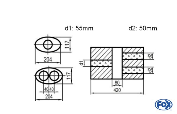 Uni-Schalldämpfer oval zweiflutig mit Kammer - Abw. 525 204x117mm, d1Ø 55mm  d2Ø 50mm, Länge: 420mm - Variante 2