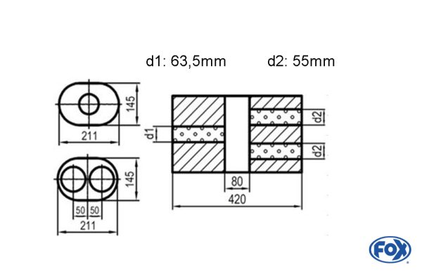 Uni-Schalldämpfer oval zweiflutig mit Kammer - Abw. 585 211x145mm, d1Ø 63,5mm  d2Ø 55mm, Länge: 420mm - Variante 2