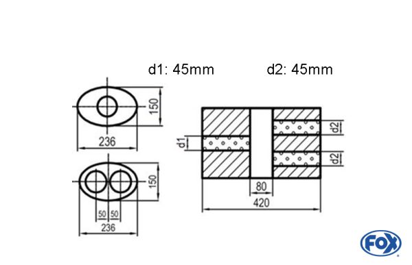 Uni-Schalldämpfer oval zweiflutig mit Kammer - Abw. 618 236x150mm, d1Ø 45mm  d2Ø 40mm, Länge: 420mm - Variante 2