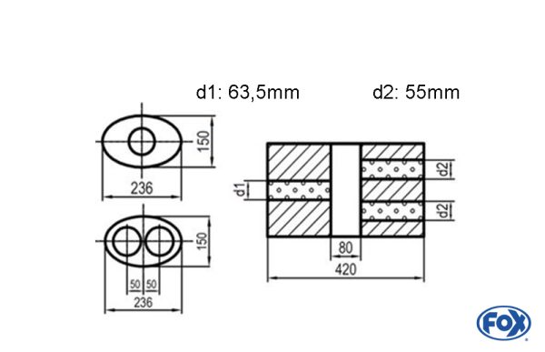 Uni-Schalldämpfer oval zweiflutig mit Kammer - Abw. 618 236x150mm, d1Ø 63,5mm  d2Ø 55mm, Länge: 420mm - Variante 2